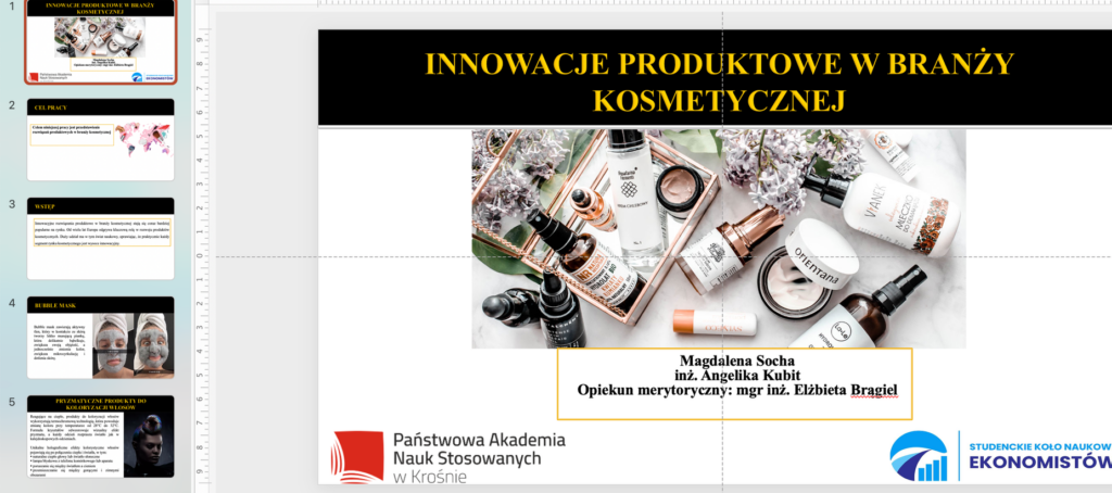 Slajdy z prezentacji Innowacje produktowe w branży kosmetycznej – Angelika Kubit, Magdalena Socha.  