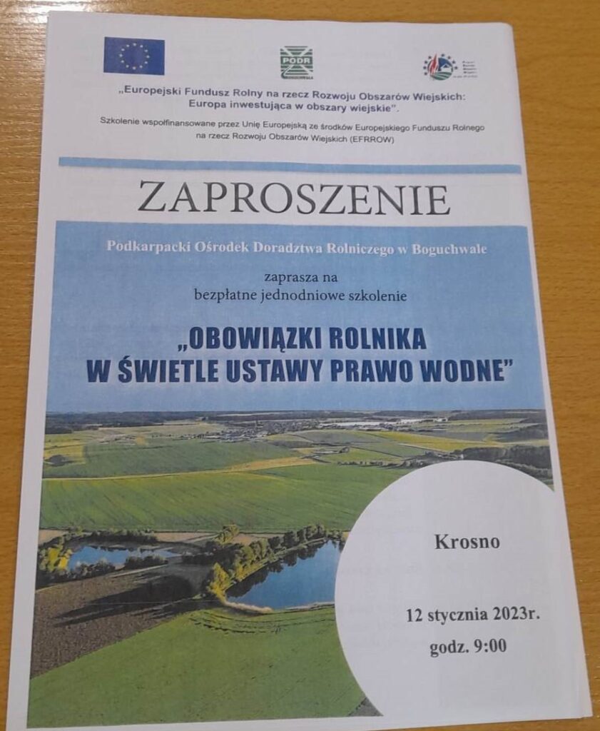 plakat zaproszenie na bezpłatne jednodniowe szkolenie "obowiązki rolnika w świetle ustawy prawo wodne". Szkolenie finansowane ze środków UE EFPROW