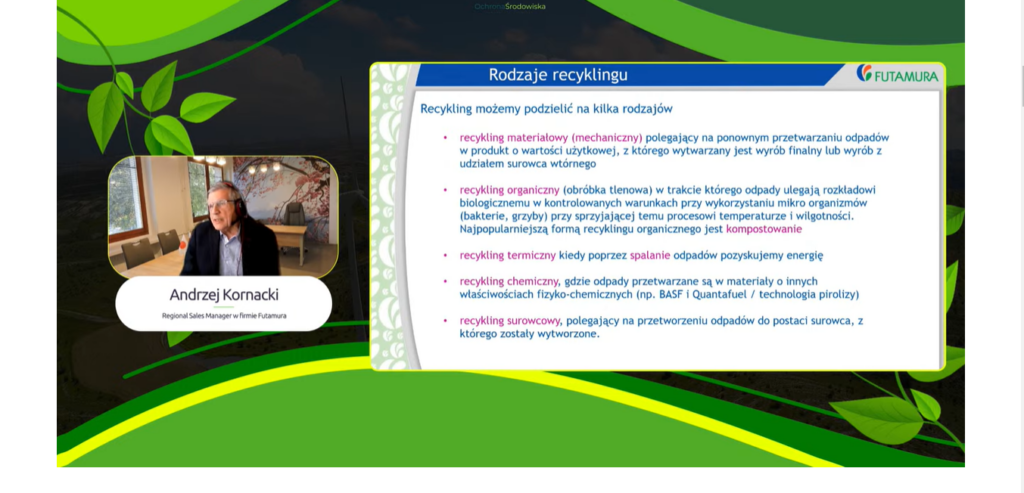 Andrzej Kornacki prezentuje slajd o rodzajach recyklingu
