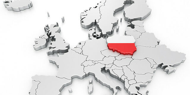3d rendering of a map of Europe with Poland selected