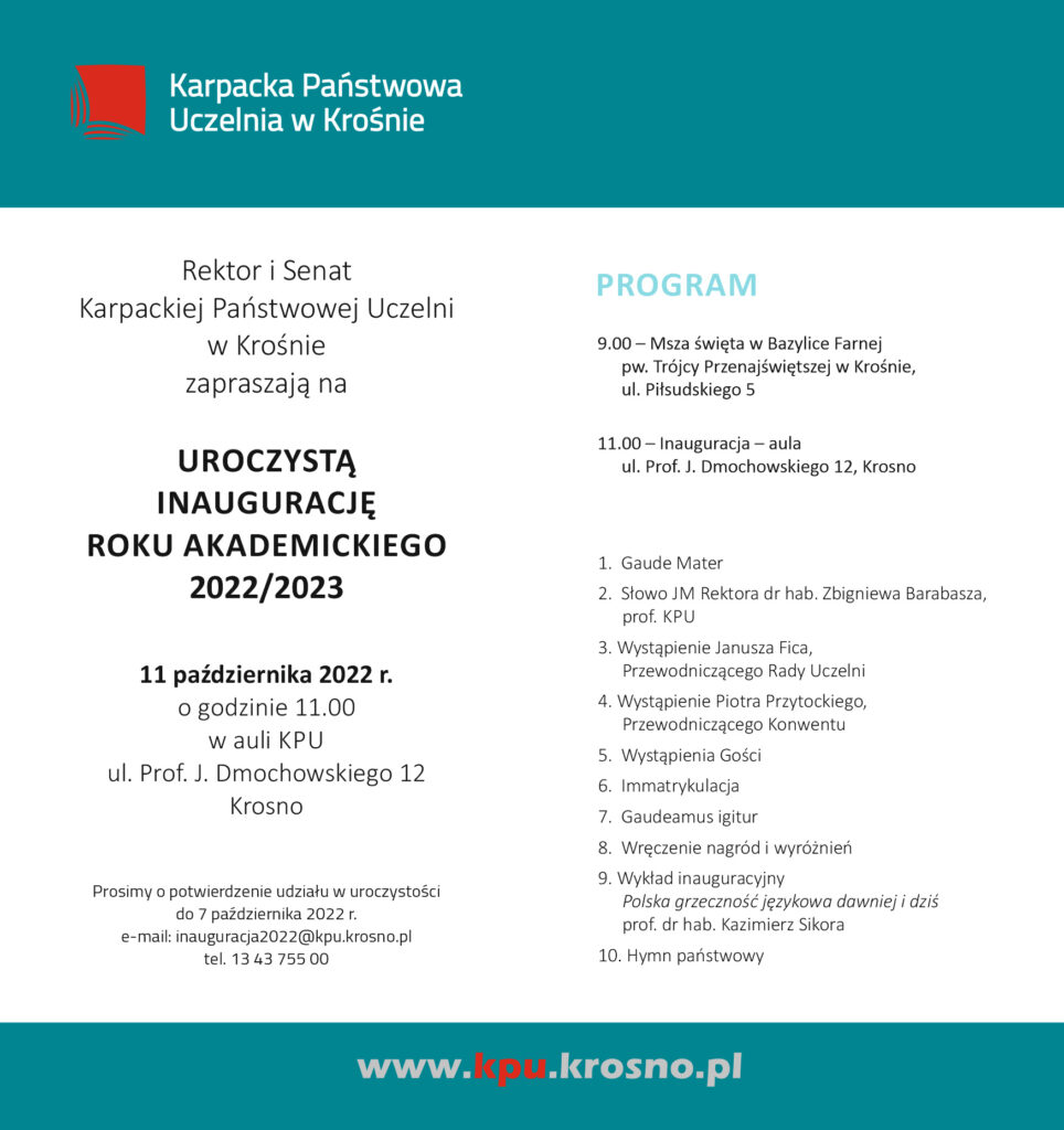Inauguracja roku akademickiego 2022/2023 zaproszenie 